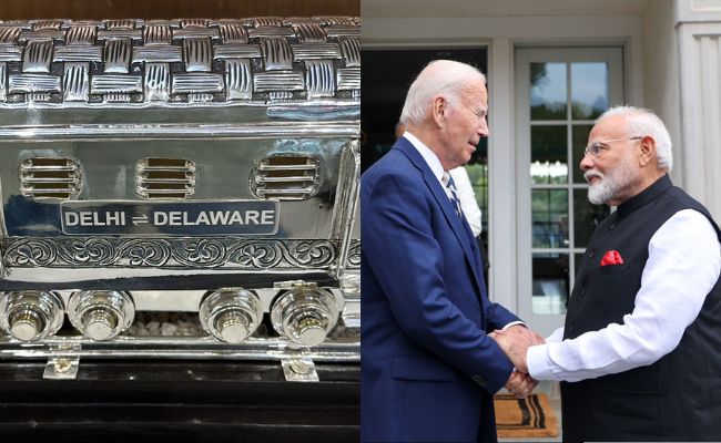 pm-gifts-biden-a-silver-hand-engraved-train-model,-jill-a-pashmina-shawl