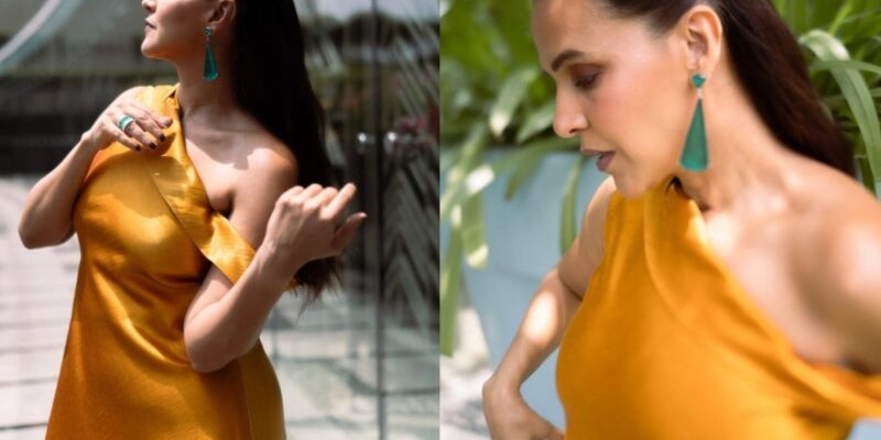 neha-dhupia-is-a-ray-of-sunshine-in-a-yellow-one-shoulder-flowy-gown