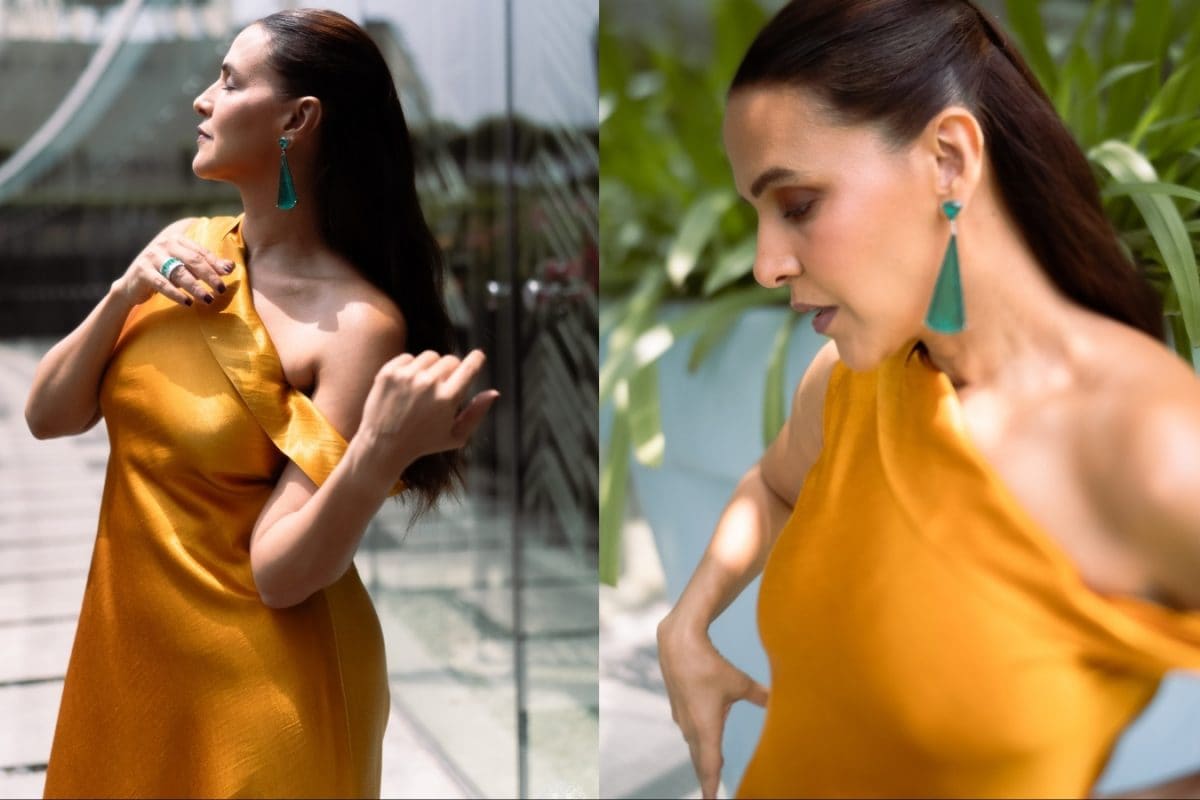 neha-dhupia-is-a-ray-of-sunshine-in-a-yellow-one-shoulder-flowy-gown